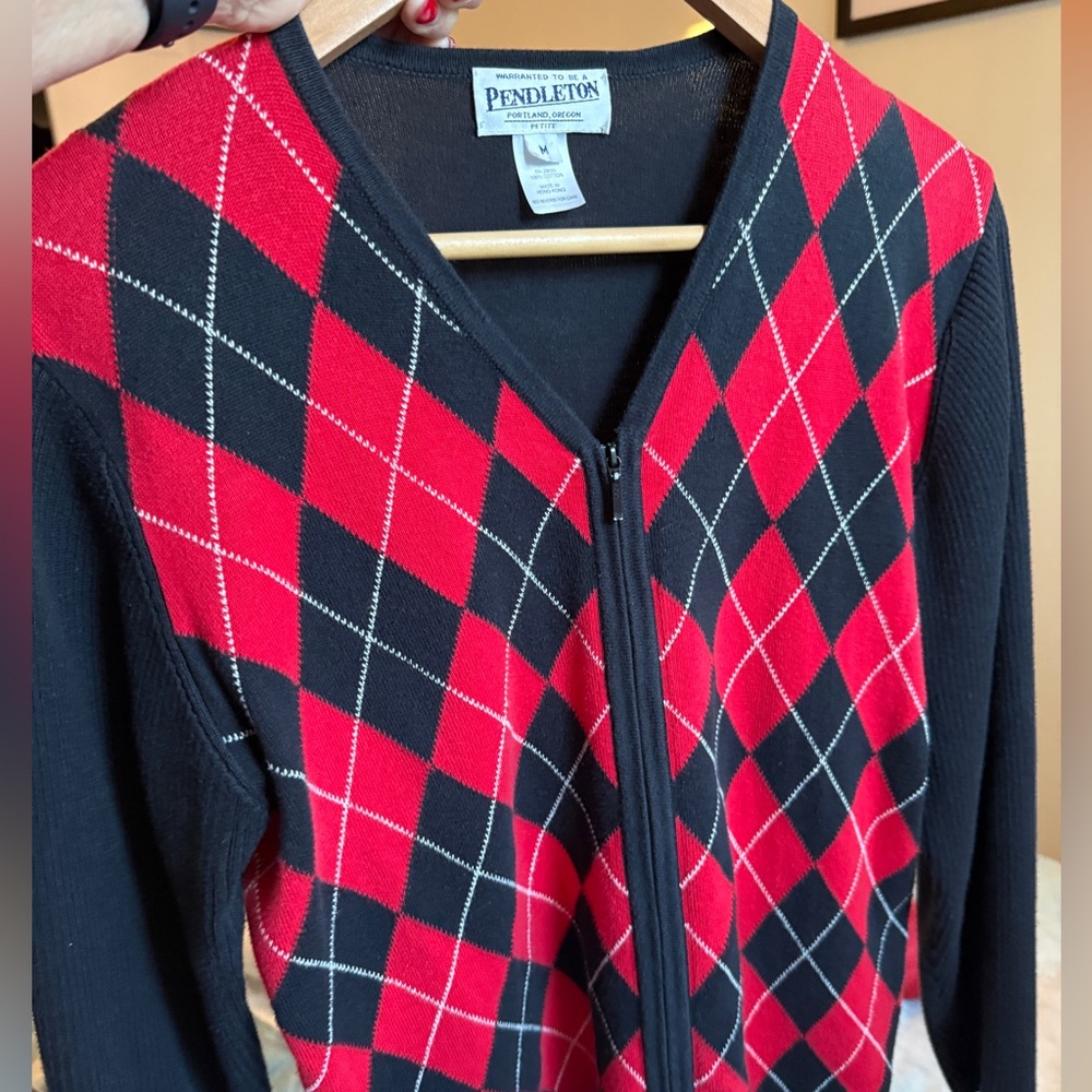 Vintage Women’s 100% Cotton Pendleton Argyle Pattern Zip Cardigan